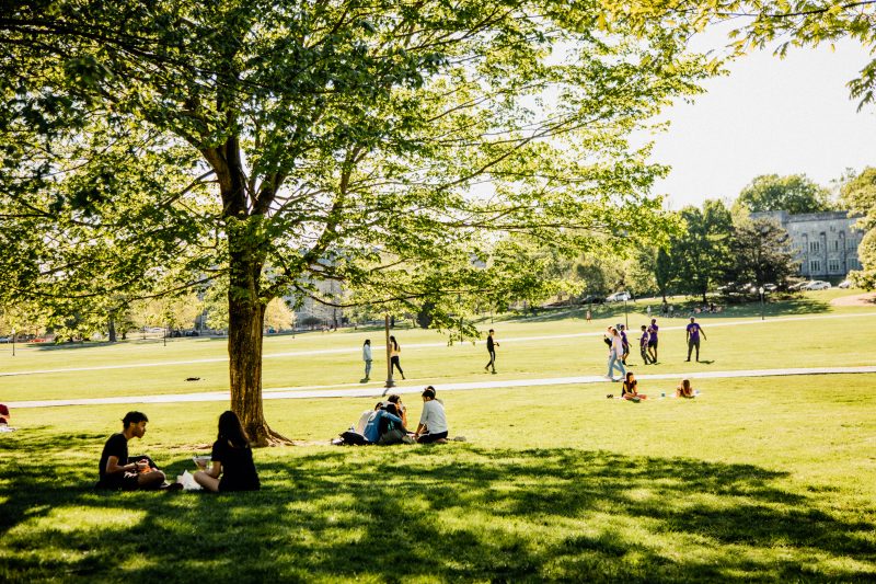 Students relax on the drillfield. Photo by Mary Desmond/Virginia Tech Student Affairs